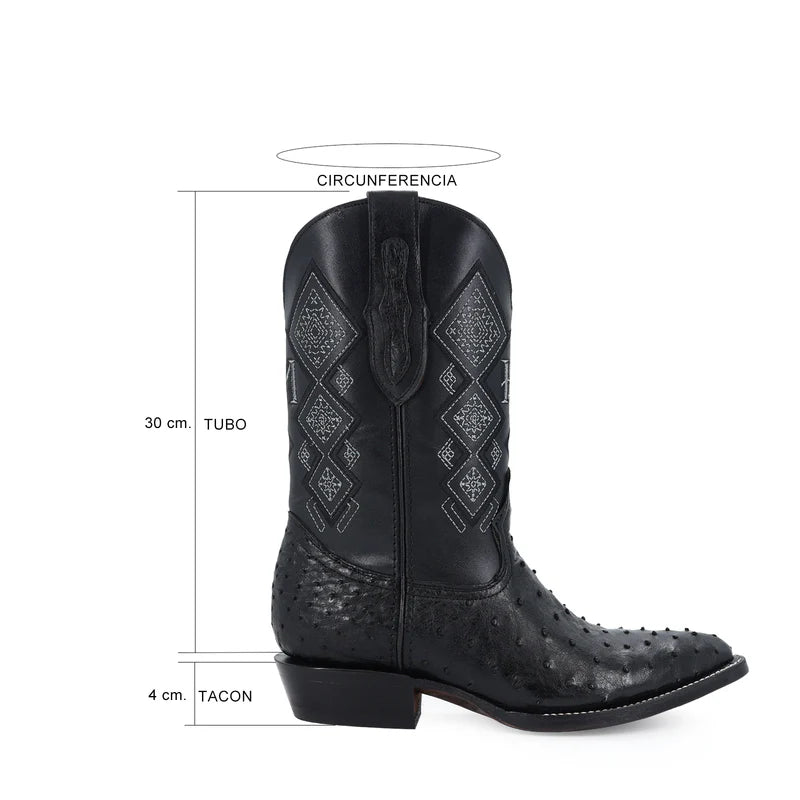 Bota Vaquera Oval Avestruz Negro